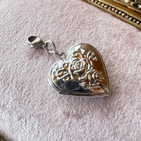 Heart Locket Charm Pendant With Floral Design In Stainless Steel Lobster Clasp - Picture 14 of 16